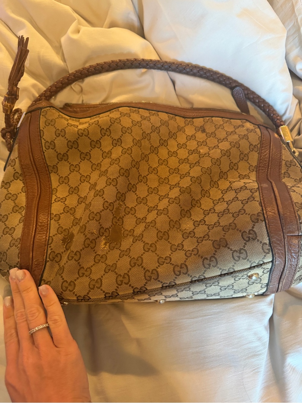 Gucci Tan and Brown GG Canvas Shoulder Bag with Braided Handle
